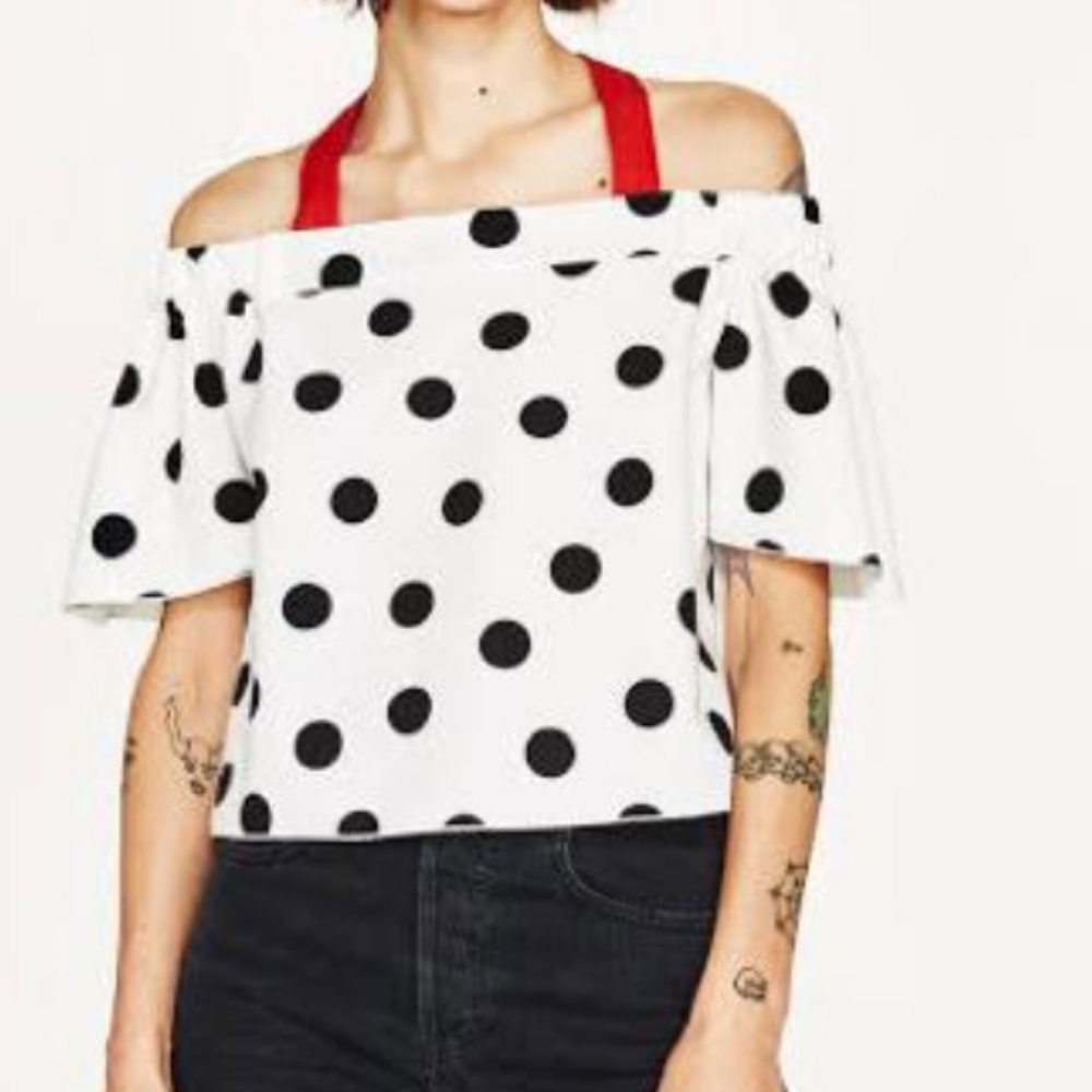 ZARA Polka Dot Off-Shoulder Top with bright orange Straps